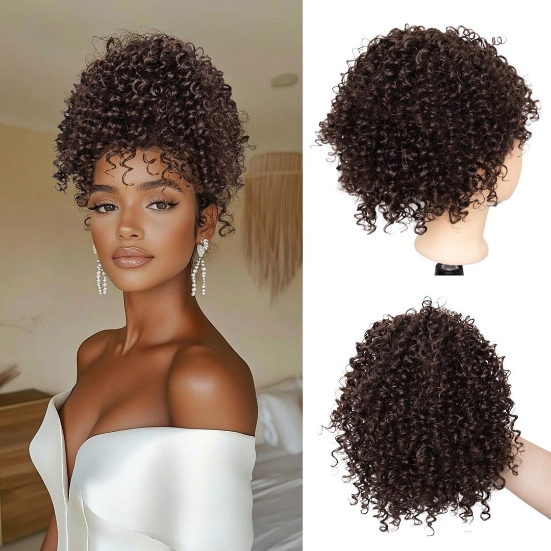 Dark Brown Kinky Curly Short Drawstring Ponytail for Black Women Short Afro Curly Blonde Ponytail Drawstring Extension Synthetic Messy Bun Hair Piece Protective Style for Daily Use 10Inch(Brown)