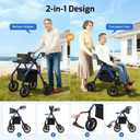 2 in 1 Rollator Walker for Seniors with Seat, Walker Wheelchair Combo, Transport-Wheelchair-Lightweight-Foldable with Adjustable Seat and Handle, 300 Lb. Weight Capacity, Blue