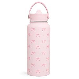 SANDJEST Pink Bow Water Bottle Stainless Steel Insulated Vacuum 32oz with Lid, Gifts for Women Girls Teens Birthday Christmas
