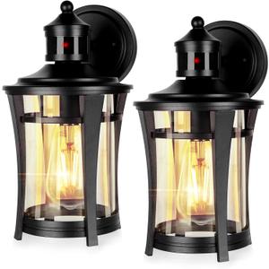 Dexnump Motion Sensor Outdoor Wall Light, 2 Pack Black Exterior Sconces Lighting with Bulb/ 3 Modes Dusk to Dawn, Anti-Rust Waterproof Front Porch Lights Fixture for Outside House, Patio