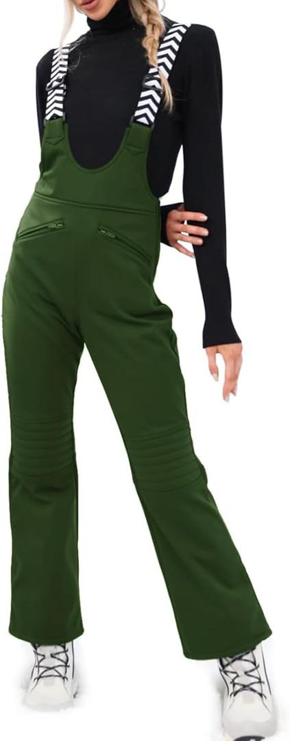 Fisoew Women Snow Bib Overalls Insulated Waterproof Windproof Ski Bibs Pants Breathable Snowsuit (Medium, Army Green)