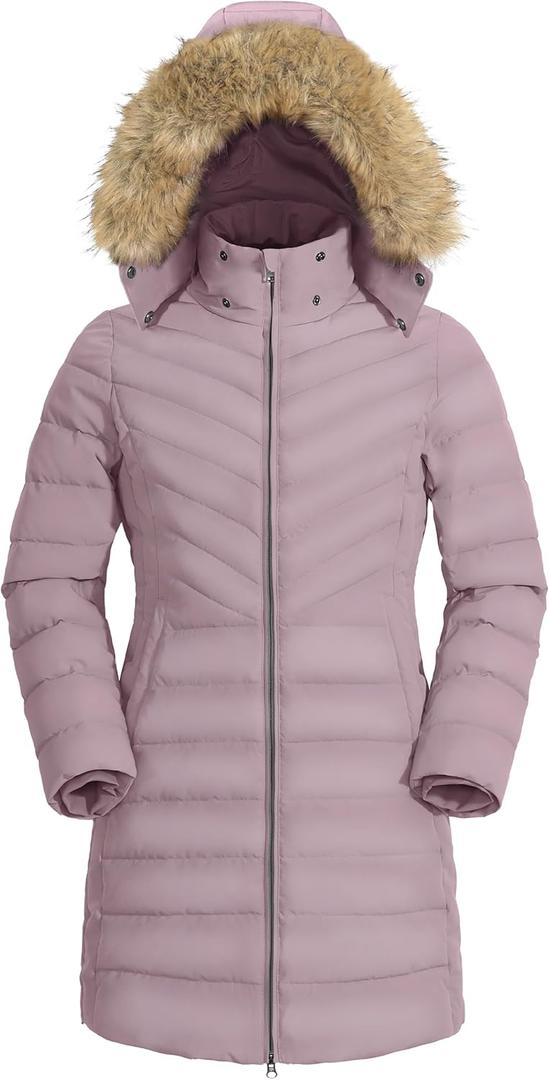 Pioneer Camp Women's Winter Coats Warm Thicken Long Puffer Jacket Waterproof Quilted Parka with Removable Faux Fur Hood (Large, Pink Haze)