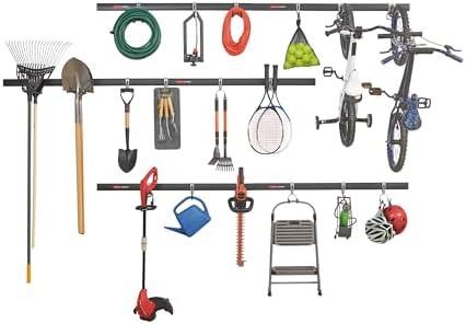 Rubbermaid 24-Piece FastTrack Garage Wall-Mounted Storage Kit, 6 Rails and 18 Hooks, Black, for Home/House/Tool/Sports/Equipment/Utility Purposes