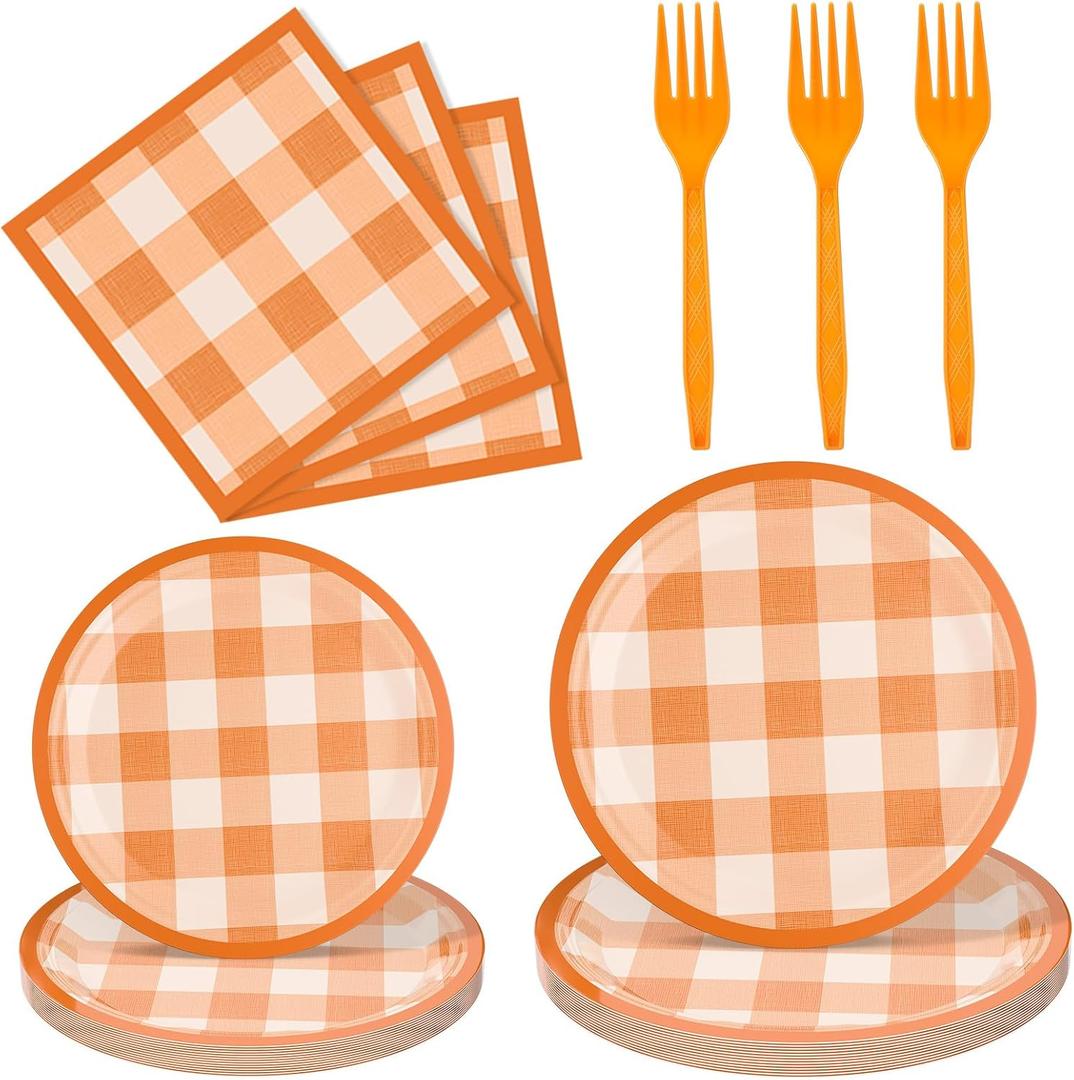 Honeydak 96 Pcs Fall Orange Plaid Party Supplies Thanksgiving Paper Plates and Napkins Fork Autumn Disposable Dinnerware Set Fall Tableware for 24 Guest Thanksgiving Party Decorations (Orange)