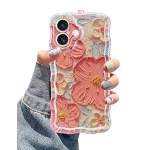 Jusy Case for iPhone 17, Colorful Retro Oil Painting Printed Flower Laser Blue Glossy Pattern Cute Curly Wave Phone Case Soft TPU Cover for Girly Women -Orange White