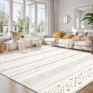 Large Living Room Area Rug 8x10: Soft Machine Washable Boho Moroccan Farmhouse Rugs for Bedroom Under Dining Table - Non Slip Neutral Morden Indoor Floor Carpet for Home Office Decor - Brown/Cream