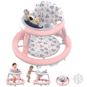 Baby Walker Foldable, Baby Walker with Wheels, Infant Toddler Walker with Foot Pads, Anti-Fall Baby Walkers and Activity Center for Boys Girls Babies 6-24 Months with Music Adjustable Heights (Pink)