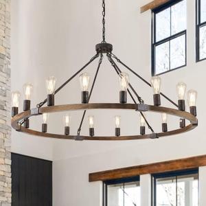 Farmhouse Wagon Wheel Chandelier 47" Black Rustic Light Fixtures 18-Light Wood Round Chandelier for Foyer Living Room Entryway Dining Room (Walnut)