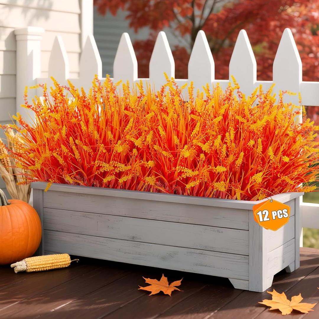 Artificial Fake Plants Flowers for Outdoors Fall Decor, 12 Bundles Fall Leaves Faux Lavender Flowers for Autumn Decoration, Fake Shrubs UV Resistant Planter No Fade for Garden Porch Balcony(Orange)