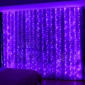 HXWEIYE 300LED Fairy Curtain Lights, 9.8x9.8Ft USB Plug-in 8 Modes Christmas String Hanging Lights with Remote for Bedroom Backdrop Wedding Party Indoor Wall Decor, Purple, Standard