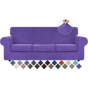 WEERRW 4 Pieces Velvet High Stretch Couch Covers for 3 Cushion Couch Sofa Slipcovers, Washable Furniture Protector with Non Slip Elastic Bottom, Feature Soft and Thick Plush Fabric, Purple, Large
