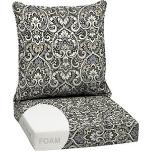 Arden Outdoor Foam Deep Seat Cushion Set, 24 in x 24 in, Weather-Proof, Rain-Proof, Fade Resistant Patio Cushion, Bottom and Back Cushion for Chair, Sofa, and Couch Black Aurora Damask