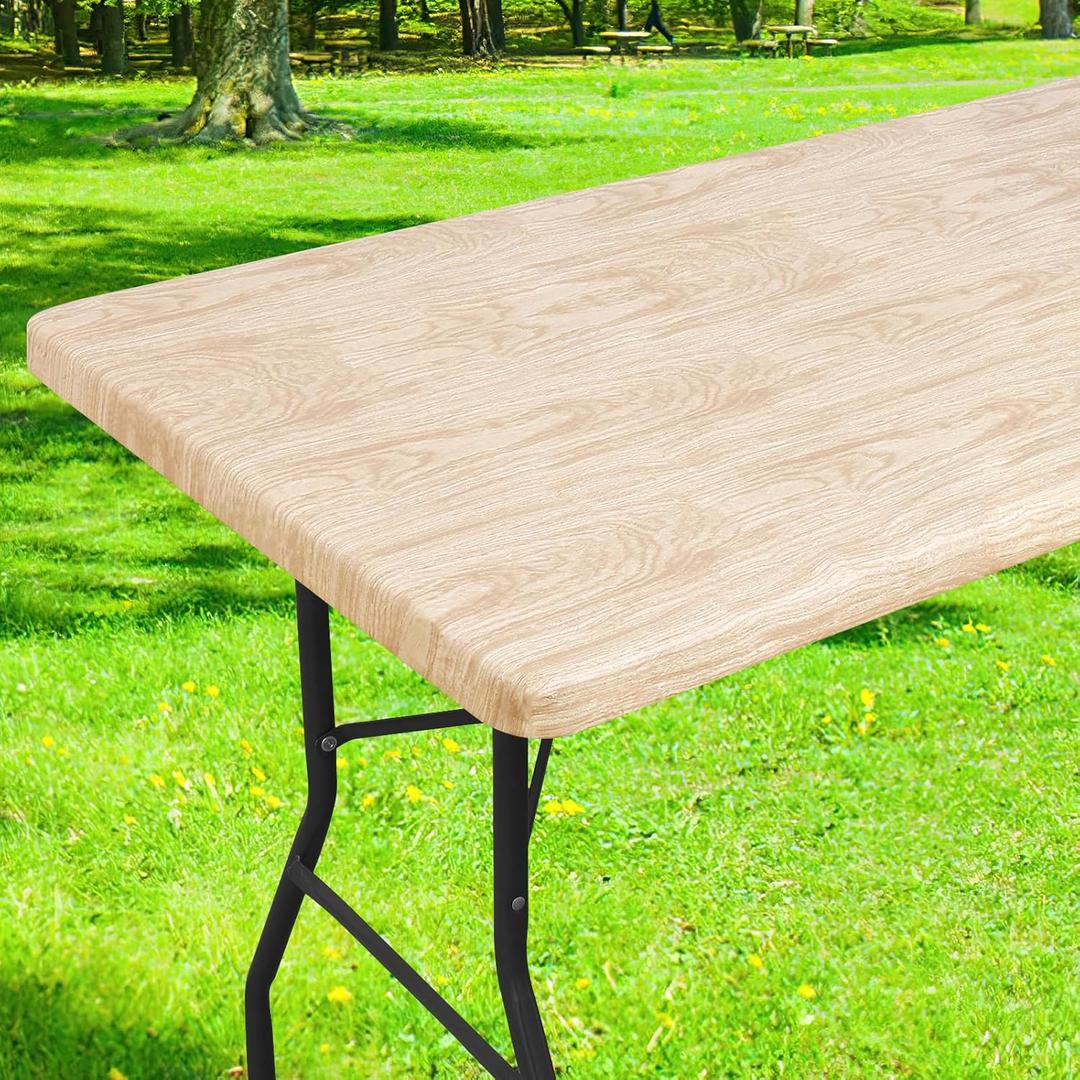 Smiry Rectangle Table Cloth Cover, Waterproof Elastic Fitted Picnic Tablecloth for 6 Foot Tables, Wipeable Flannel Backed Vinyl Tablecloths for Camping, Dining, Outdoor (Beige Wood, 30" x 72")