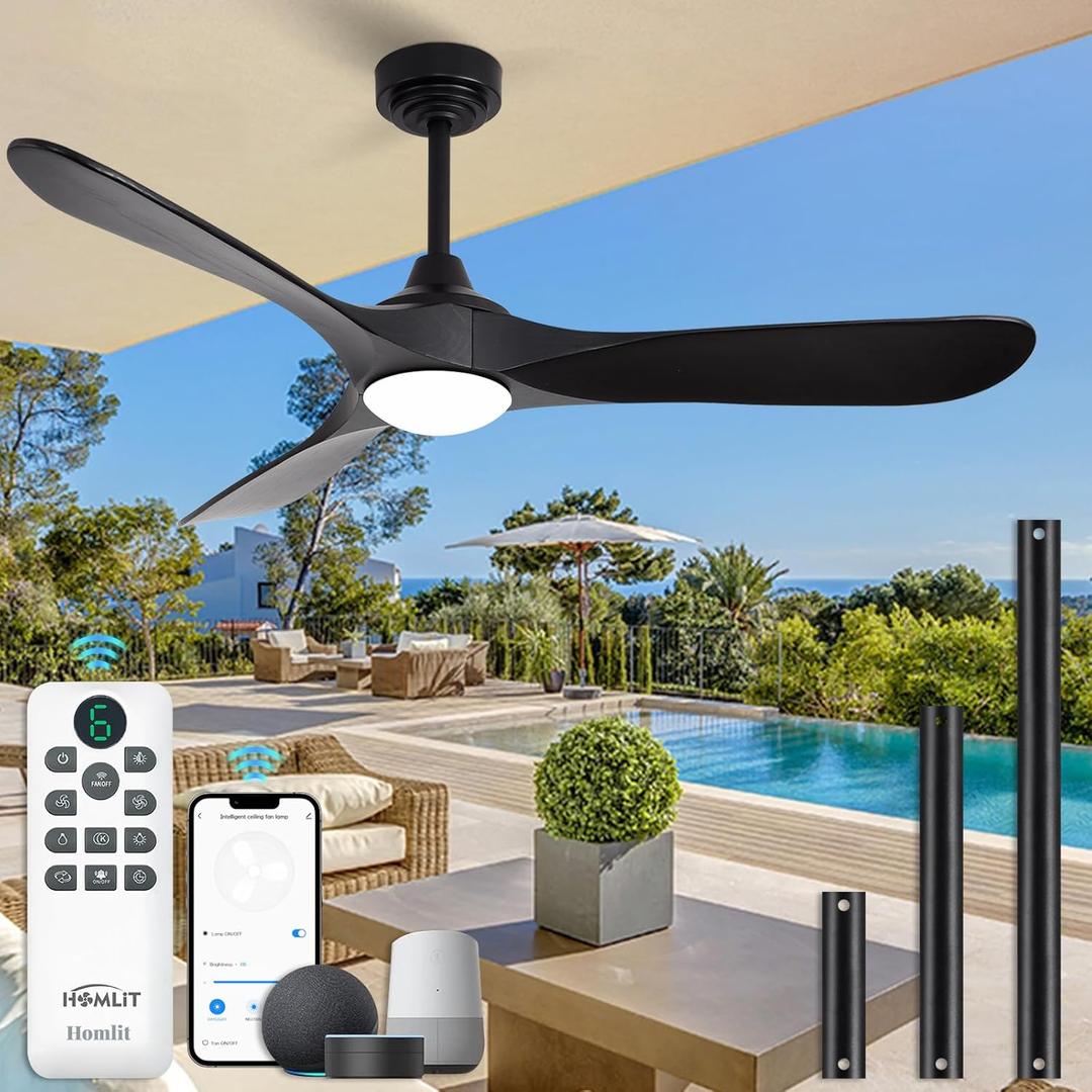 52 Outdoor Ceiling Fan with Light and Remote via WiFi Alexa, 3 Black Solid Wood Blade, Noiseless Reversible Dc Motor, Smart Outdoor Wood Ceiling Fan for Farmhouse Patios, Black