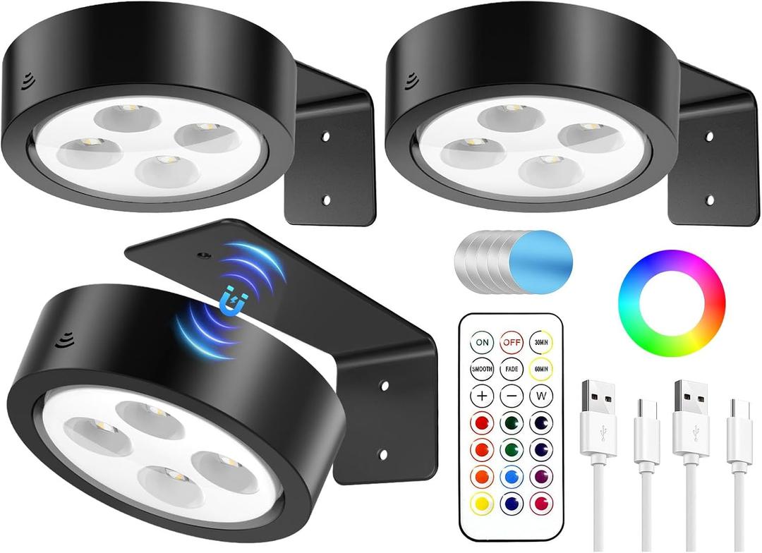 Galizey Picture Lights for Wall - Rechargeable Battery Operated Poster Lights with Remote - 13 RGB Color Magnetic Painting Light for Pictures Photo Frame Portrait, Dimmable & Timer (Black, 3 Pack)