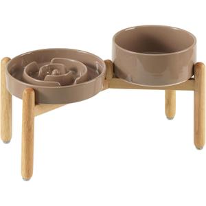 Havniva 7.3 Raised Slow Feeder Dog Bowls Set, 1.2 Cups Ceramic Slow Feeder Dog Bowl and 6.1 Dog Water Bowl with Elevated Wooden Stand Puzzle Dog Food Bowl for Small Dogs Anti-Gulping & Anti-Choking