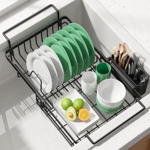 Kitsure Dish Drying Rack  Expandable in-Sink or Over-Sink Dish Rack for Kitchen Counter, Rust-Resistant Metal Dish Strainer with Cutlery Holder, 10.82"-17.12" L x 11.02" W x 3.93" H, Black