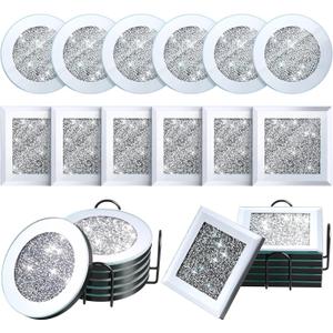 14 Pcs Crystal Coasters with Holder Set 2 Black Holder 12 Glass Mirrored Silver Round Square Diamond Coasters 4 Inch for Kitchen Dining Table Home Coffee