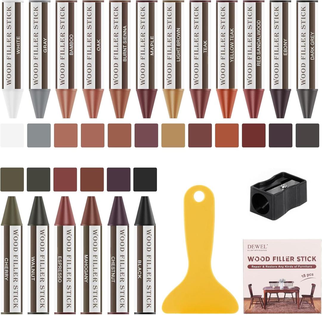 DEWEL Wood Filler Sticks, 18 Colors Wood Crayons for Scratches, Wood Floor Repair Wax Filler Sticks, Furniture Scratch Repair Crayons Kit for Wood Holes, Scratches, Table