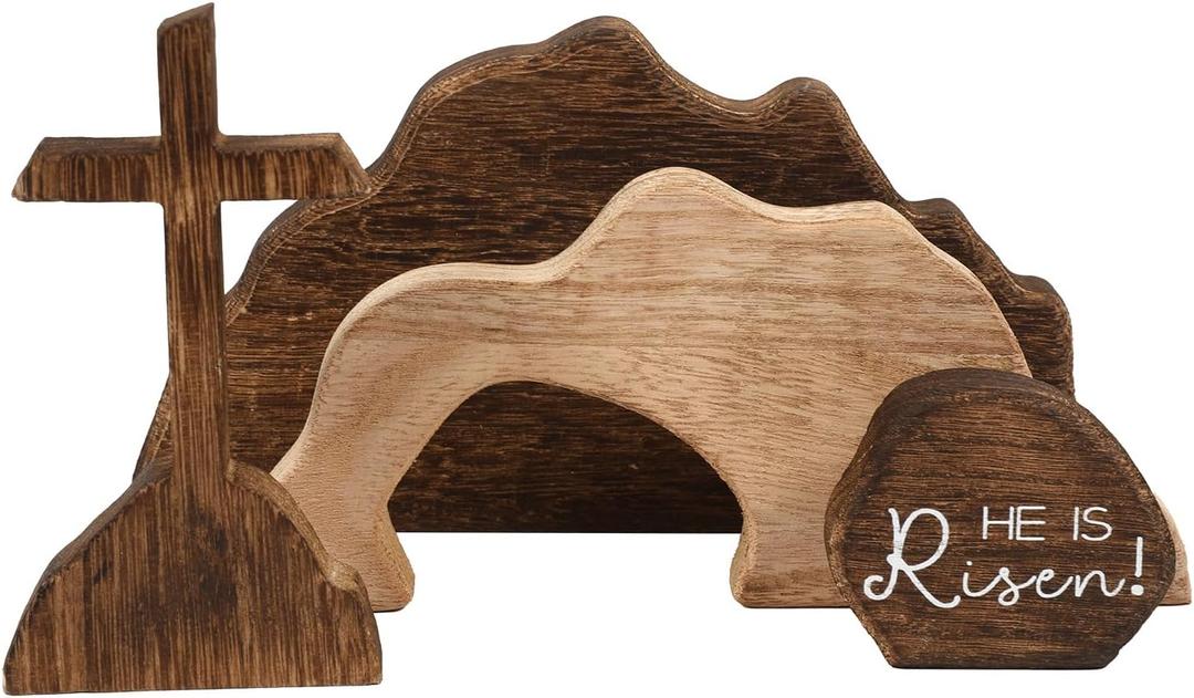 Easter Tiered Tray Decor 4PCS Jesus Tomb Tray Bundle Kit Wooden Religious Easter Decorations Farmhouse He is Risen Signs Easter Tray Decor for Home Table (4P)