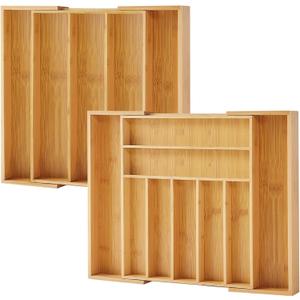 Bamboo Drawer Organizer, 2 Pack - Expandable Silverware Organizer & Utensil Drawer Organizer, Cutlery Tray with Dividers, 7-9 Slots - Premium Kitchen Organizer for Utensils & Flatware (Natural)