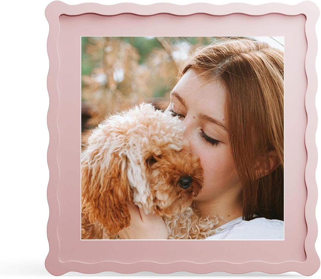 12x12 Picture Frame with Mat for 10x10, Wavy Edge Wooden Real Glass Photo Frame for Tabletop and Wall Hanging, Pink, 1 Pack