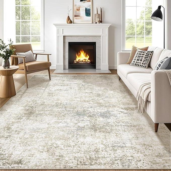 8x10 Washable Area Rug for Living Room: Modern Abstract Rugs Soft Non-Slip Low-Pile Indoor Floor Carpet for Bedroom, Dining Room, Nursery (BeigeBrownBlue, 8'x10')