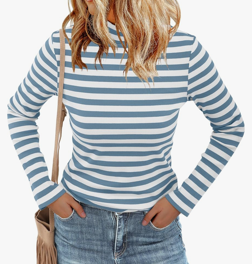 Women's Long Sleeve Stripe Shirts Fall Casual Mock Neck Ribbed Knit Tops 2025 Fashion Clothes, Medium 