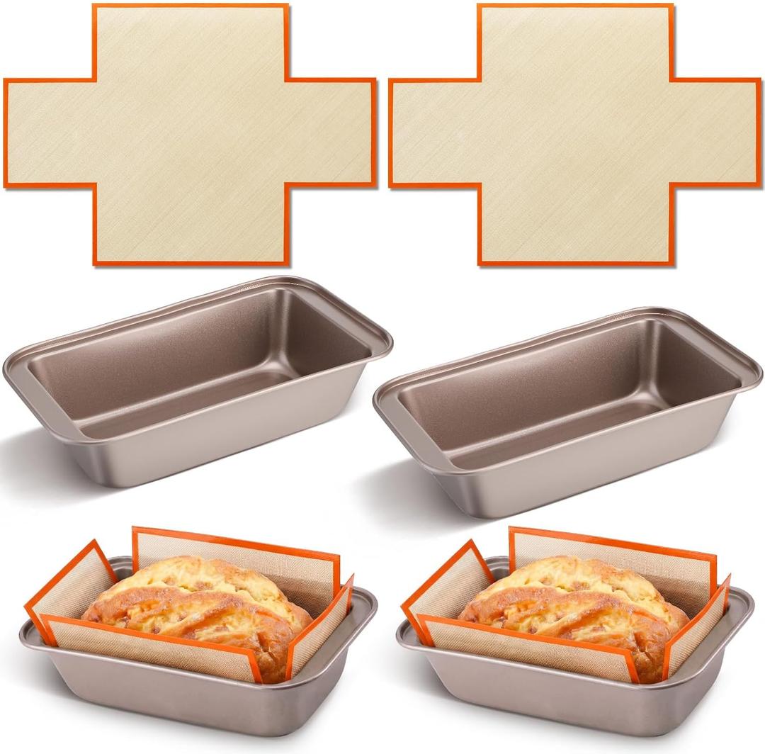 4 Pcs Loaf Pan with Liners Set 9 x 5 Inch Non-stick Bread Pan and Silicone Loaf Liners for Homemade Baking Carbon Steel Rectangular Baking Tray for Kitchen Sourdough Sandwich Home(Gold)