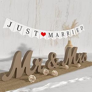 VIOPVERY Mr and Mrs Sign & Just Married Banner, Mr & Mrs Signs for Wedding Table, Large Wooden Letters for Sweetheart Table, Photo Props Wedding Decorations for Anniversary, Wood Color
