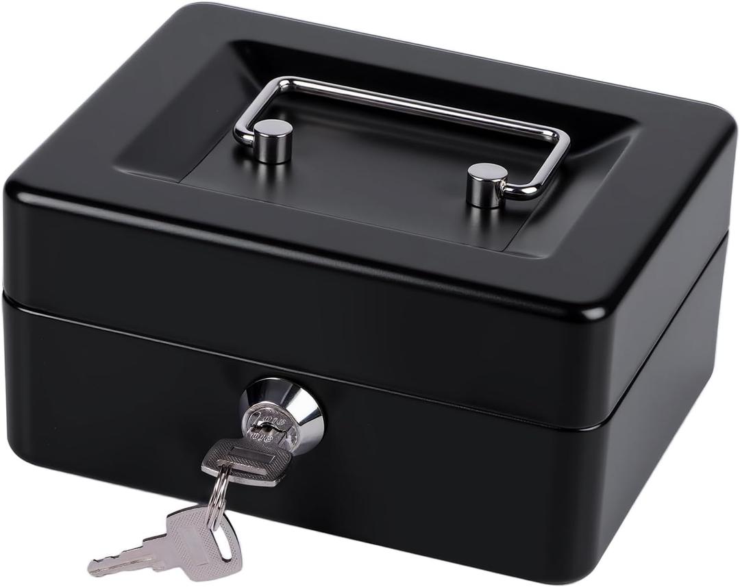 Small Cash Box with Money Tray and Lock, Metal Cash Lock Box with Key, Petty Cash Box for Money 5.9 x 4.7 x 3.1 Inches Black