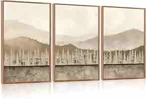 Aurlan Abstract Neutral Tan Nature Landscape Wall Art Set(16”x24”), 3 Pieces Duotone Beige Misty Mountain Framed Canvas Artwork, Large Modern Pine Tree Foggy Forest Wall Decor for Office Bedroom Living Room