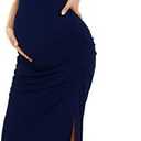Smallshow Women's Split Long Maternity Dress Short Sleeve Ruched Pregnancy Clothes, Large, Navy 