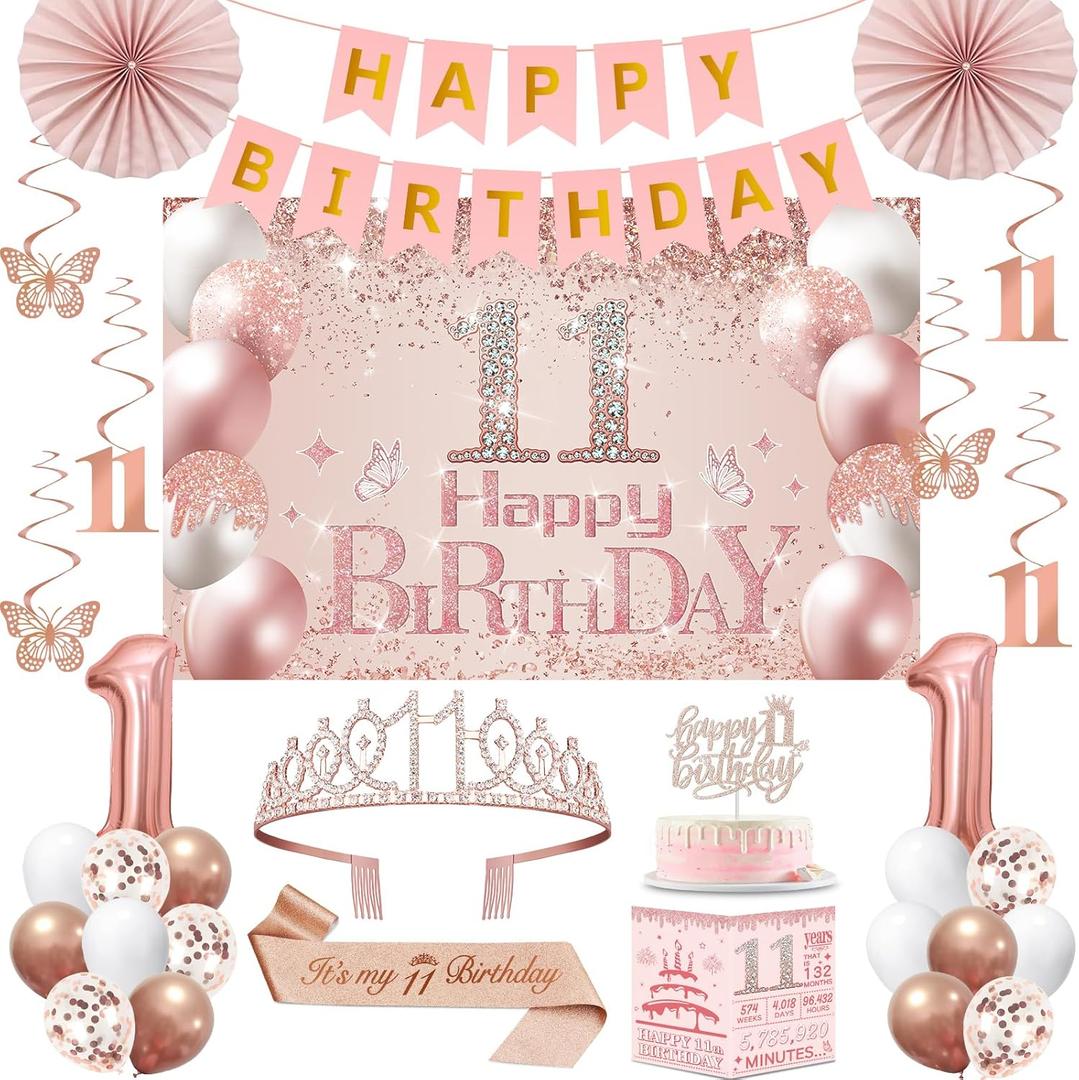 11th Birthday Decorations for Girls,32PCS 11th Birthday Party Decorations,Including Backdrop, Crown, Sash, banner, Hanging Swirl,Cake Topper,balloons, Anniversary Card and Paper Fans