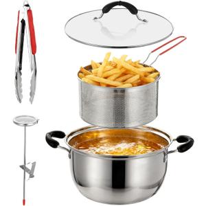 4 Pcs Deep Fryer Pot with Basket, 304 Stainless Steel Fryer Includes 6QT Pot for Frying, Steaming, Cooking, Food Clip, Thermometer and Frying Basket, Great for Home Kitchen Use (4Pcs)