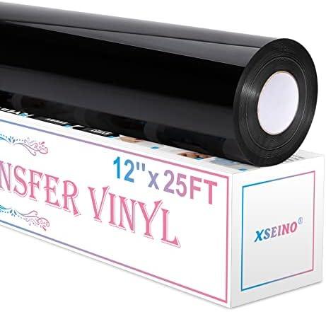 XSEINO Heat Transfer Vinyl Roll, 12" x 25FT Black HTV Vinyl Roll for Shirts,Iron on Vinyl Roll for Cricut & Cameo, Easy to Cut for Heat Transfer Vinyl Design (Black)