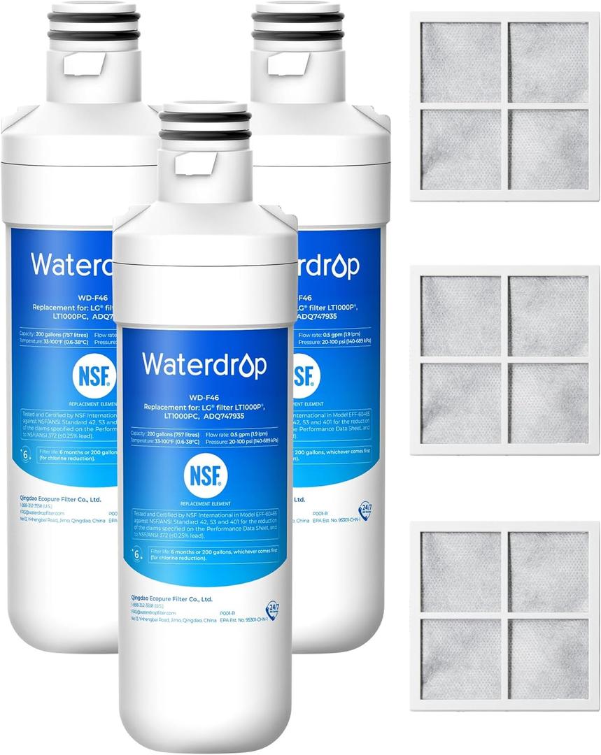 Waterdrop ADQ747935 LT1000PC Replacement for LG LT1000P/PC/PCS ThinQ Refrigerator Water Filter, LFXS26973S, LMXS28626S, LMWS27626S, LFXS28596S, ADQ74793501 and LT120F, 3 Combo