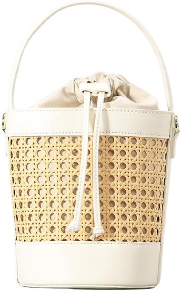 Rattan Bucket Bag for Women Straw Beach Bag Drawstring Crossbody Purse PU Leather Summer Shoulder Tote Bag Cute Hobo Bags (White)