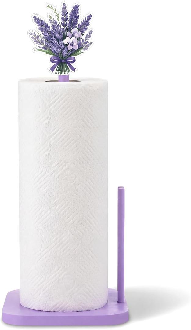Leinuosen Lavender Paper Towel Holder Farmhouse Lavender Flower Wooden Paper Towel Holder Purple Cute Bathroom Countertop Accessories Kitchen Roll Stand Organizer Apartment Decor Housewarming Gift