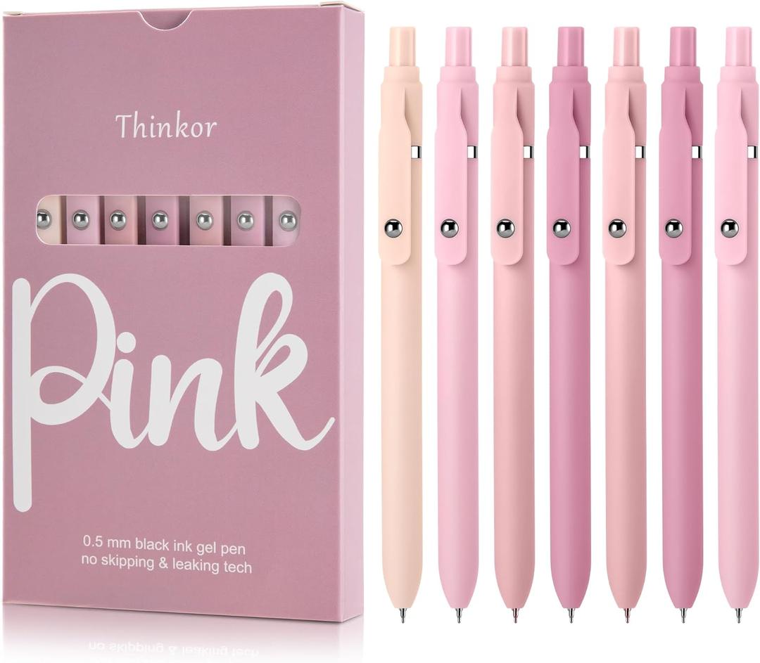 thinkor Pink Gel Pens Black Ink, 7 Pcs 0.5mm Quick Dry Fine Point Smooth Writing Pens, Cute Office School Supplies Gifts for Women Student