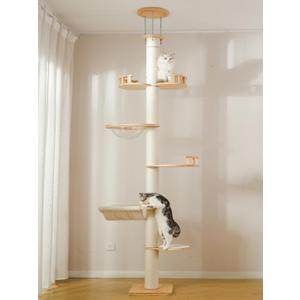 Floor to Ceiling Cat Tree, 5-Tier Adjustable Height(7.3-10.5ft) Cat Tower | Solid Wood Climbing Tower(88-123") with Observatory, Sisal Scratching Posts, Transparent Capsule and Cozy Hammock,5-tier cat tree