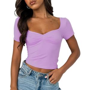 ForeFair Women's Sexy Short Sleeve Going Out Tops Pleated Bustier Shirt Cute Sweetheart Neck Y2K Crop Tee（Light Purple, XS）