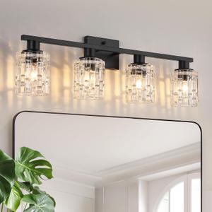 4 Light Matte Black Bathroom Vanity Light Over Mirror, Modern Vanity Lighting with Crystal Glass Shade, Wall Mount Bathroom Light Fixtures, E26 Base