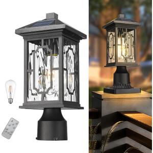 Solar Outdoor Post Light,Dusk to Dawn Aluminum Lamp Posts with Remmote,Waterproof Exterior Pillar Lantern with Water Ripple Glass for Pathway Garden Patio Gargae, 2700K LED Bulb Included