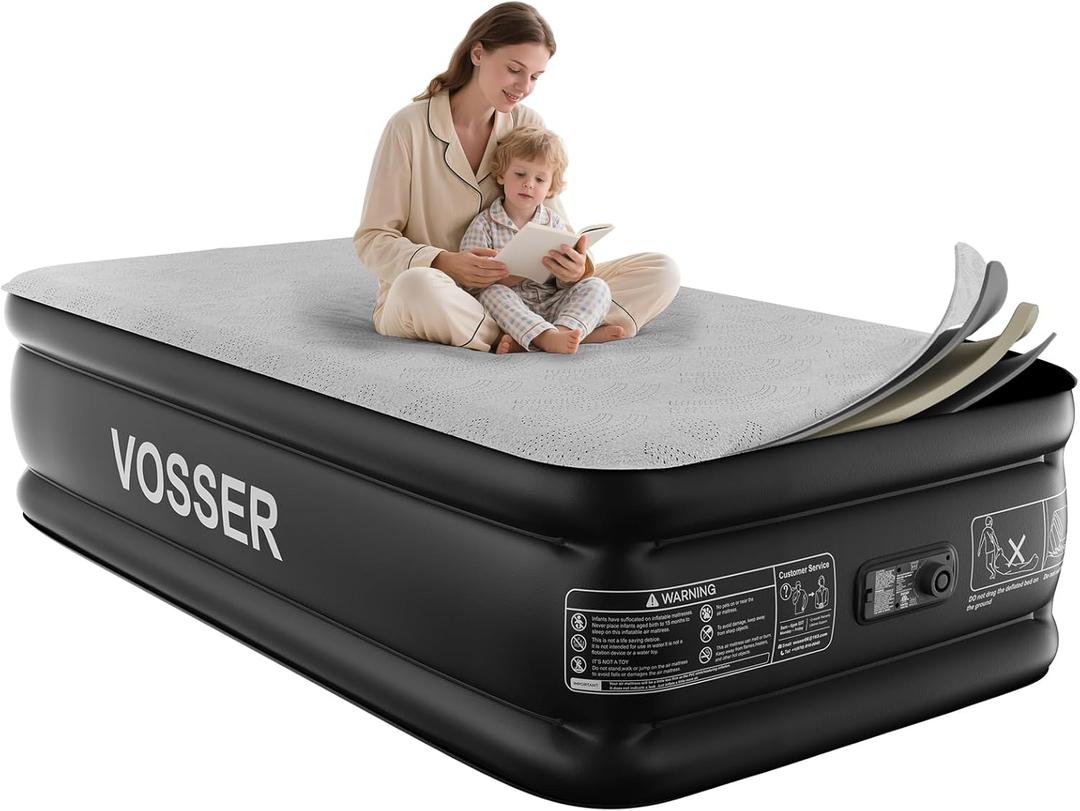 Twin Air Mattress with Built-in Pump,18'' Foam Topper Blow Up Mattress,Luxury Inflatable Mattress 2 Mins Self-Inflation/Deflation - Breathable and Flatness-Free for Camping, Home & Guests (Grey)