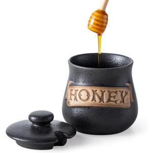 12OZ Honey Jar with Dipper and Lid, Ceramic Honey Pot Container, Large Honey Jars Dispenser – Multi-Use for Chocolate Syrup/Agave, Fits Farmhouse Kitchens & Dinner Parties Gifts, Black