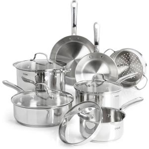 T-fal Stainless Steel Pots and Pans Set 11 Piece, Induction, Oven Broiler Safe 500F, Kitchen Cooking Set w/Fry Pans, Saucepans, Saute Pan, Dutch Oven, Steamer, Cookware, Dishwasher Safe, Silver