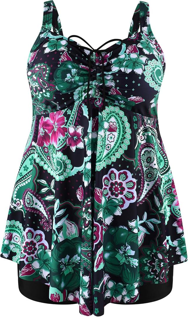NIeyook Plus Size Swimsuit for Women Tankini Bathing Suit Tummy Control Swim Dress Two Piece Swimsuits with Shorts (6 Floral Green)