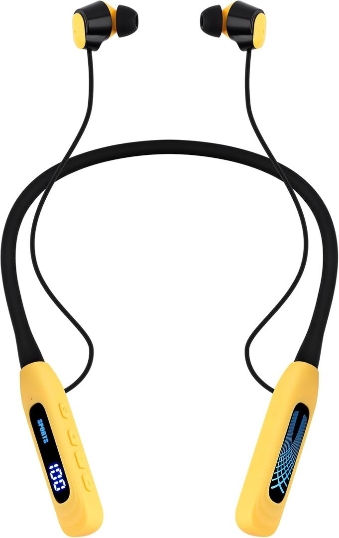 Neckband Bluetooth Headphones, 1000H Extra Battery Life with Display Magnetic Earphones,Wireless Stereo Earbuds with Microphone, Waterproof in-Ear Headset for Sports/Workout/Office (Yellow)