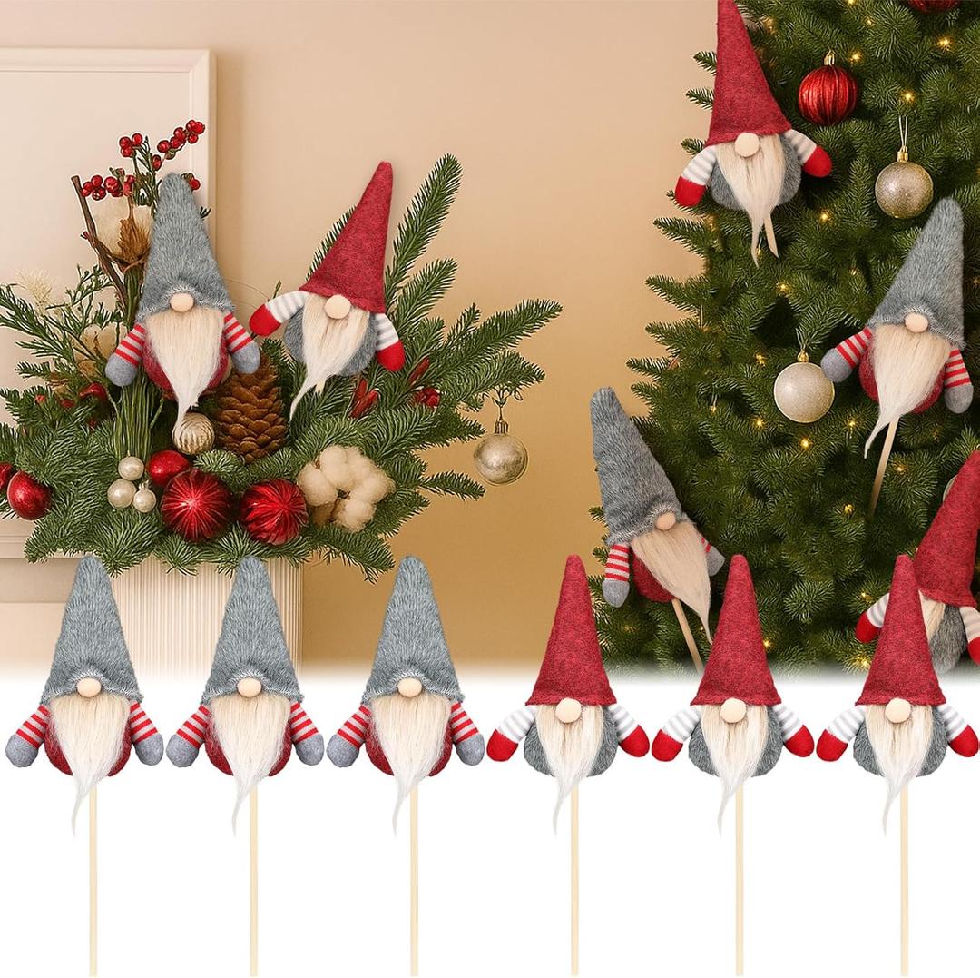 Soulchen Christmas Tree Decorations Set of 6, Red Grey 12 Inch Gnome on a Stick Large Santa Claus Dwarfs Ornaments for Christmas Tree Wreath Decor Vase Filler